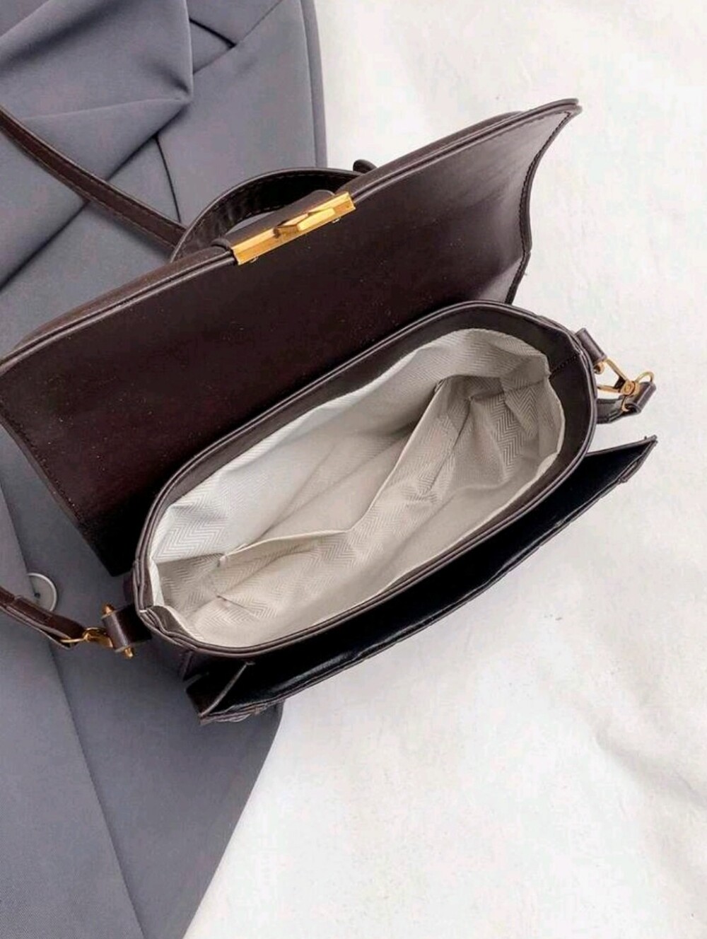Brown Structured Top-Handle Crossbody Bag with Gold Hardware - Picture 5 of 6